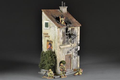 Italian bombed house with balcony and plant pots